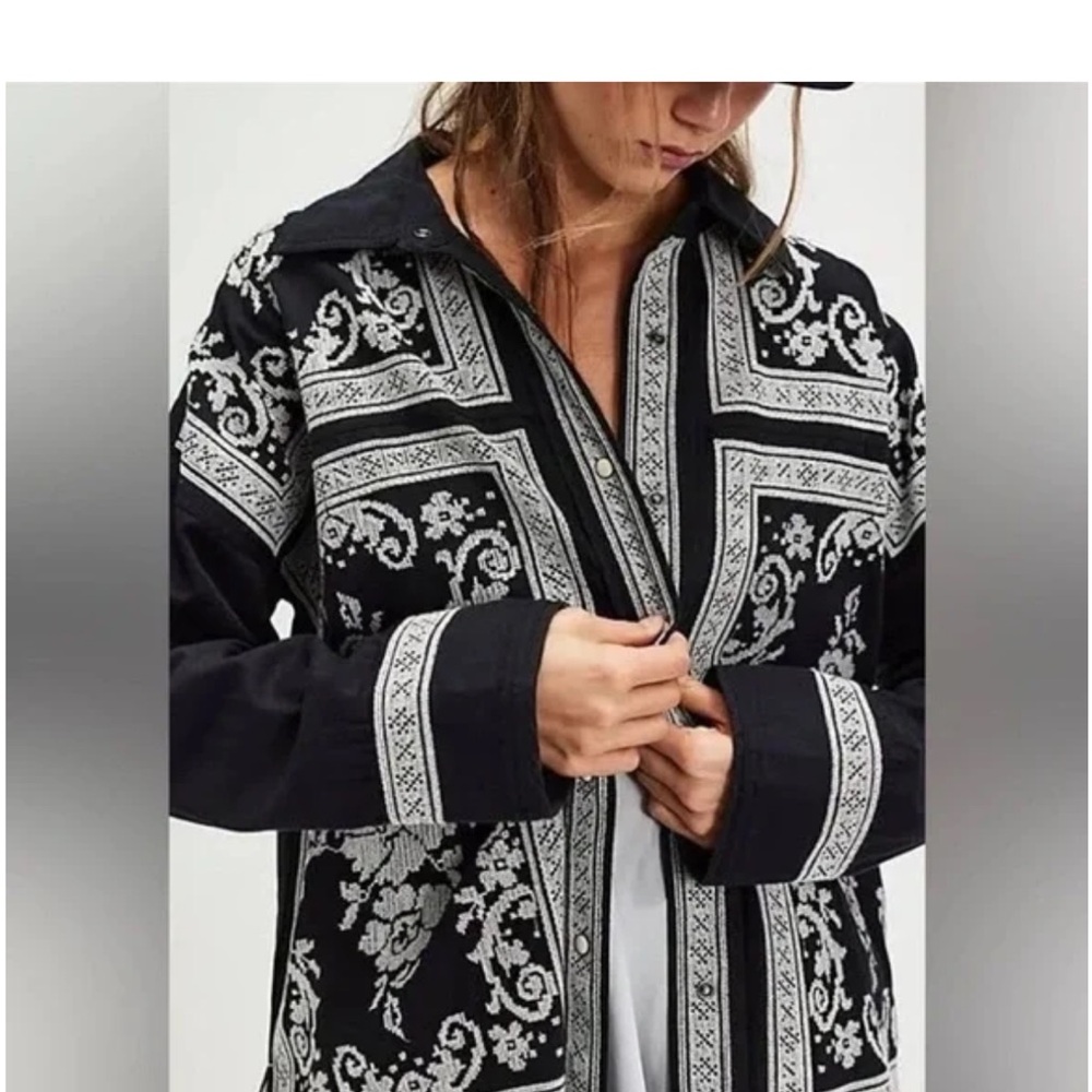 Free People Lace Embroidered Denim Rancher Shirt Jacket